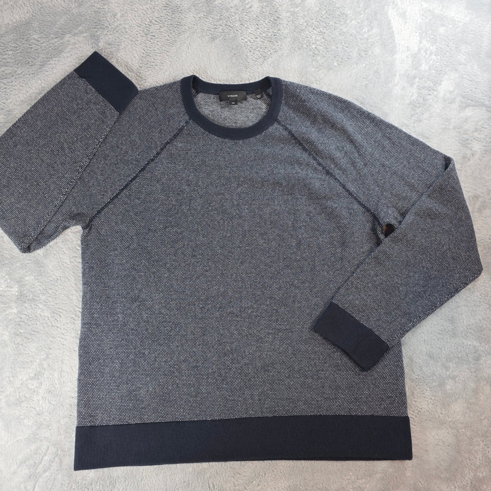 Vince Men Large Navy Wool Cashmere Birds Eye Knit Sweater Raglan Crew
